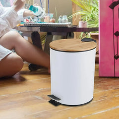Mini Bathroom Trash Can with Bamboo Lid , Round Step Garbage Container 5L White And Black