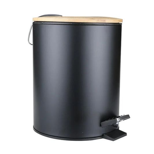 Mini Bathroom Trash Can with Bamboo Lid , Round Step Garbage Container 5L White And Black