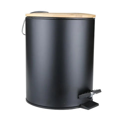 Mini Bathroom Trash Can with Bamboo Lid , Round Step Garbage Container 5L White And Black