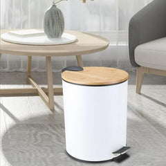 Mini Bathroom Trash Can with Bamboo Lid , Round Step Garbage Container 5L White And Black