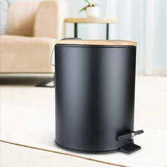 Mini Bathroom Trash Can with Bamboo Lid , Round Step Garbage Container 5L White And Black