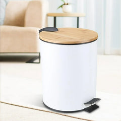 Mini Bathroom Trash Can with Bamboo Lid , Round Step Garbage Container 5L White And Black