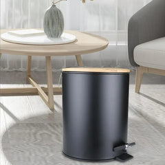 Mini Bathroom Trash Can with Bamboo Lid , Round Step Garbage Container 5L White And Black