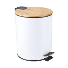 Mini Bathroom Trash Can with Bamboo Lid , Round Step Garbage Container 5L White And Black