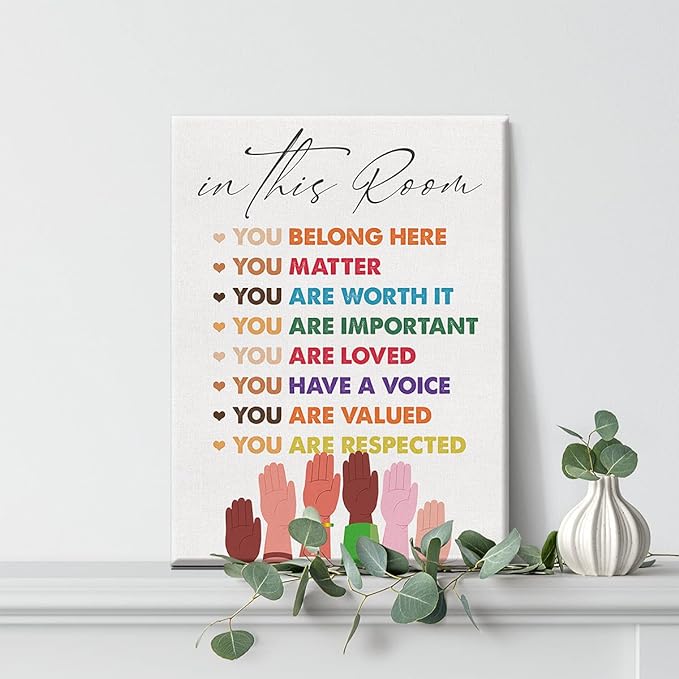 Inspirational Diversity Wall Art in This Room Watercolor Canvas Painting Prints for Classroom Office Wall Decor Framed Equality Artwork Gifts(12x15 Inch)